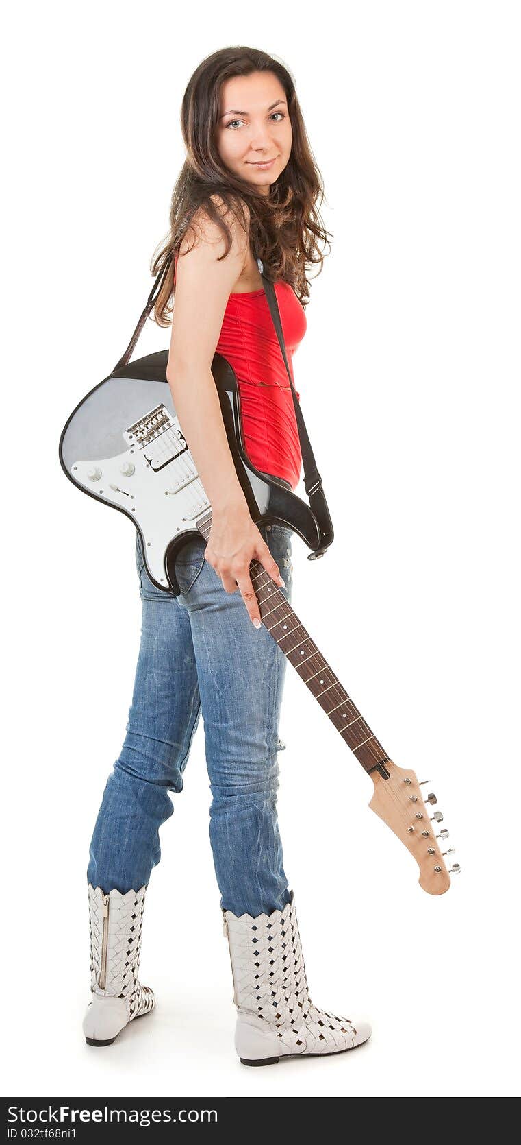 Girl with a guitar on a white background