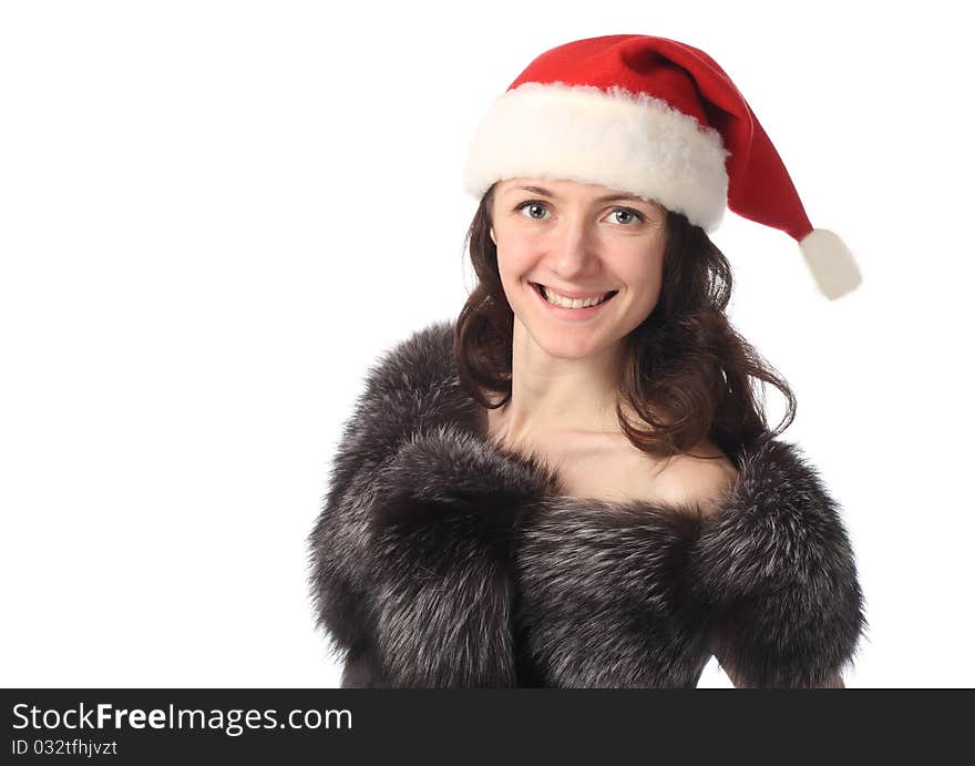 Portrait of a young beautiful smiling lady in Santa's hat isolated on white. Portrait of a young beautiful smiling lady in Santa's hat isolated on white