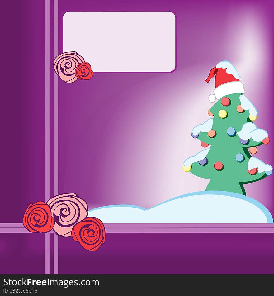 Vector christmas postcard with roses and xmas tree. Vector christmas postcard with roses and xmas tree