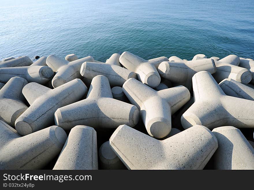 Breakwater with concrete blocks , tetra pods. Breakwater with concrete blocks , tetra pods