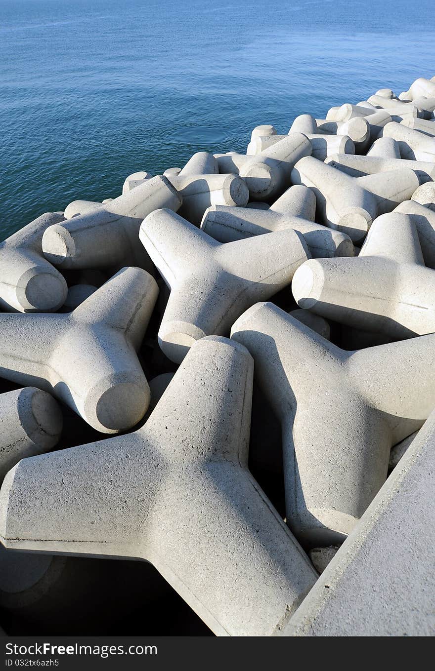 Breakwater with concrete blocks , tetra pods. Breakwater with concrete blocks , tetra pods