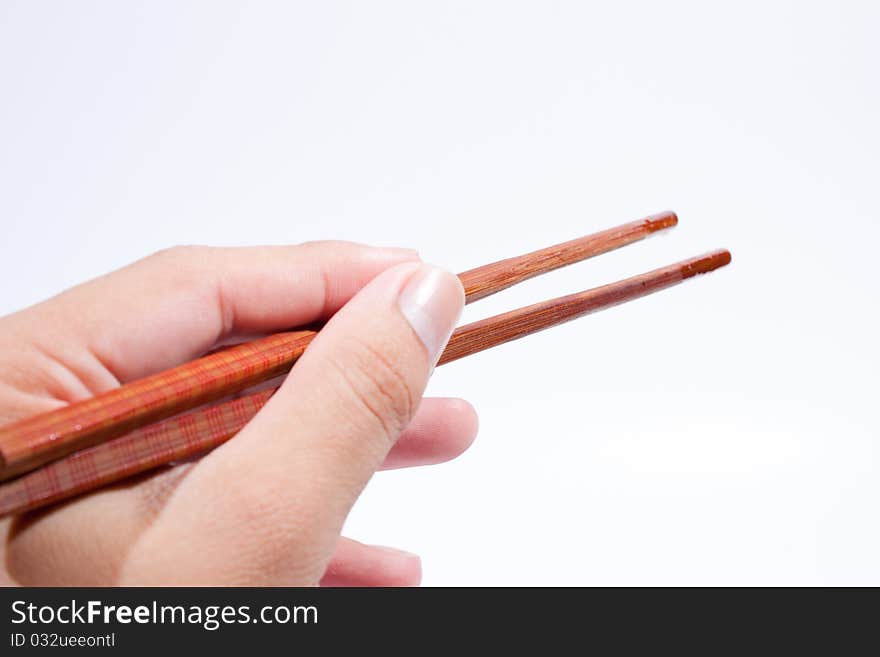 Chopsticks are the hand grip. On a white background.