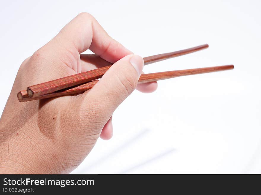 Chopsticks are the hand grip. On a white background.