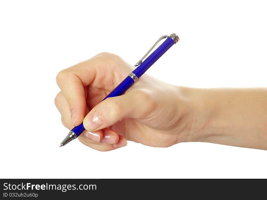 Hand holding pen isolated on white background