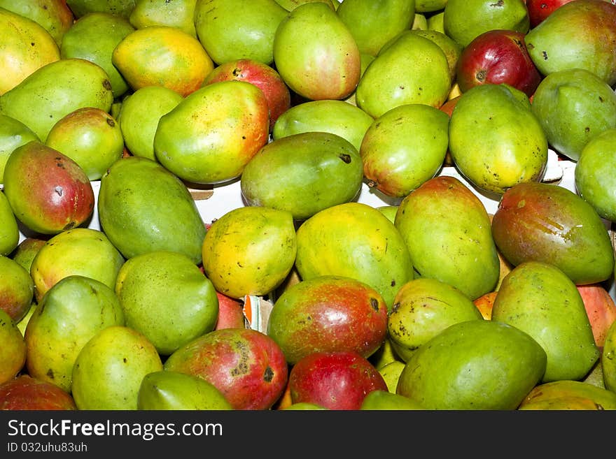 Green mangoes wholesale in a fruit market