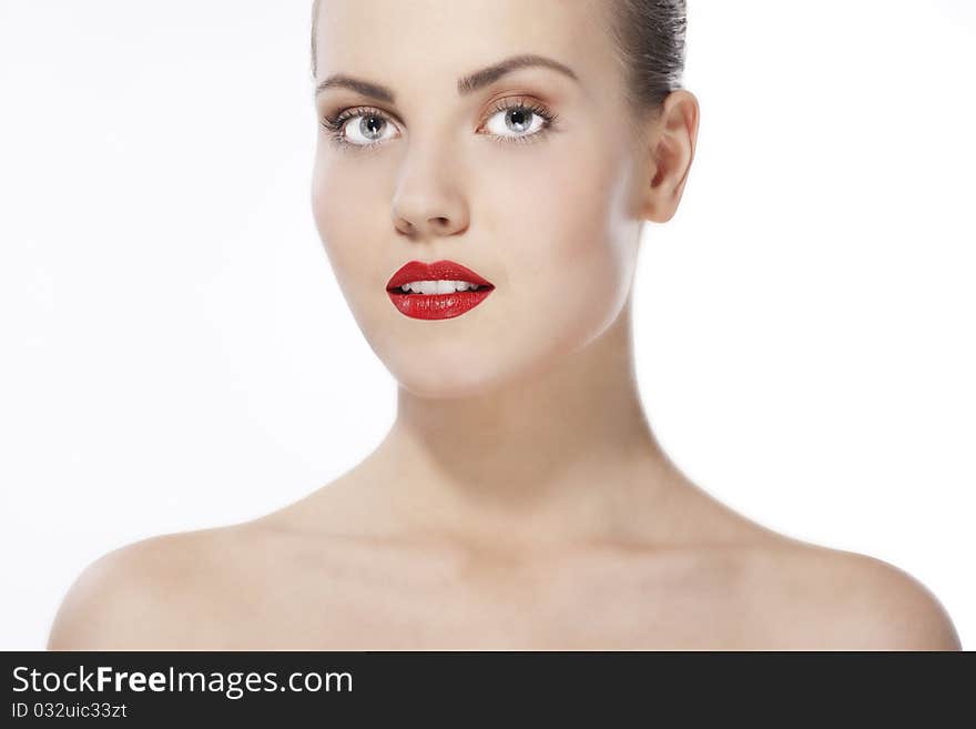 Beautiful young girl with bluel eyes and red lips. Beautiful young girl with bluel eyes and red lips