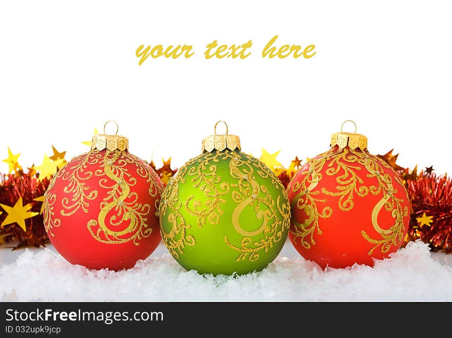 Christmas decorations isolated on white background (with sample text)