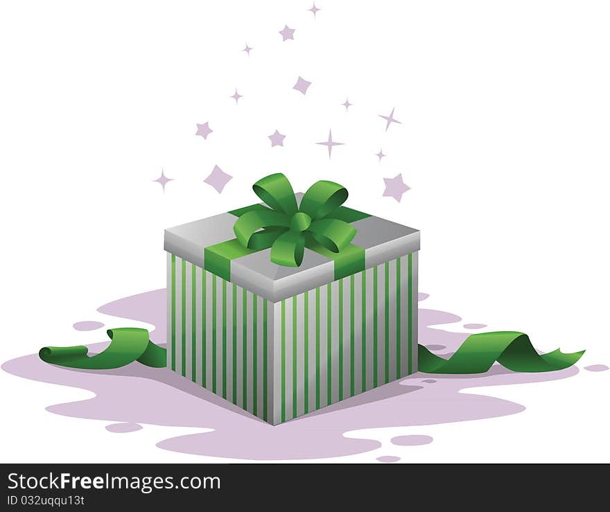 Striped gift box with green bow, ribbons and stars (Vector illustration). Striped gift box with green bow, ribbons and stars (Vector illustration)