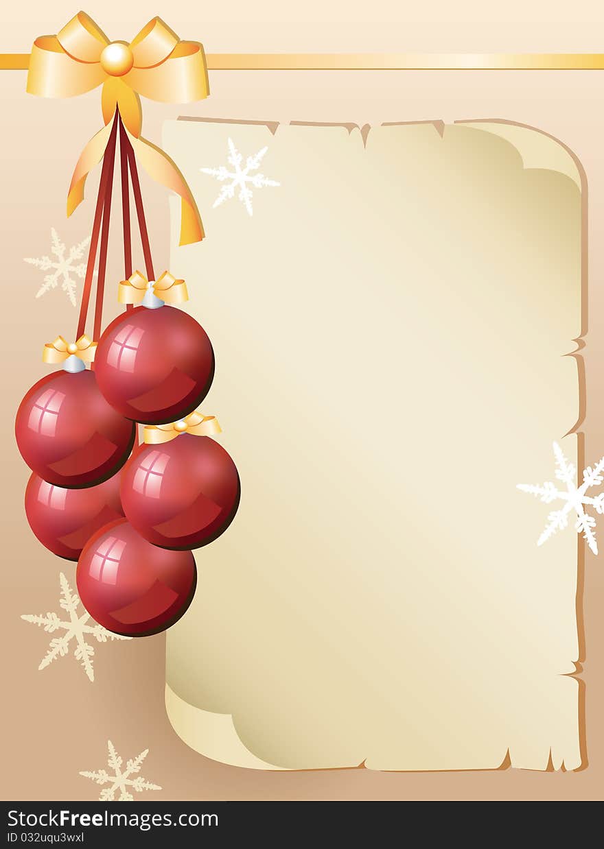 Greeting card and red christmas balls