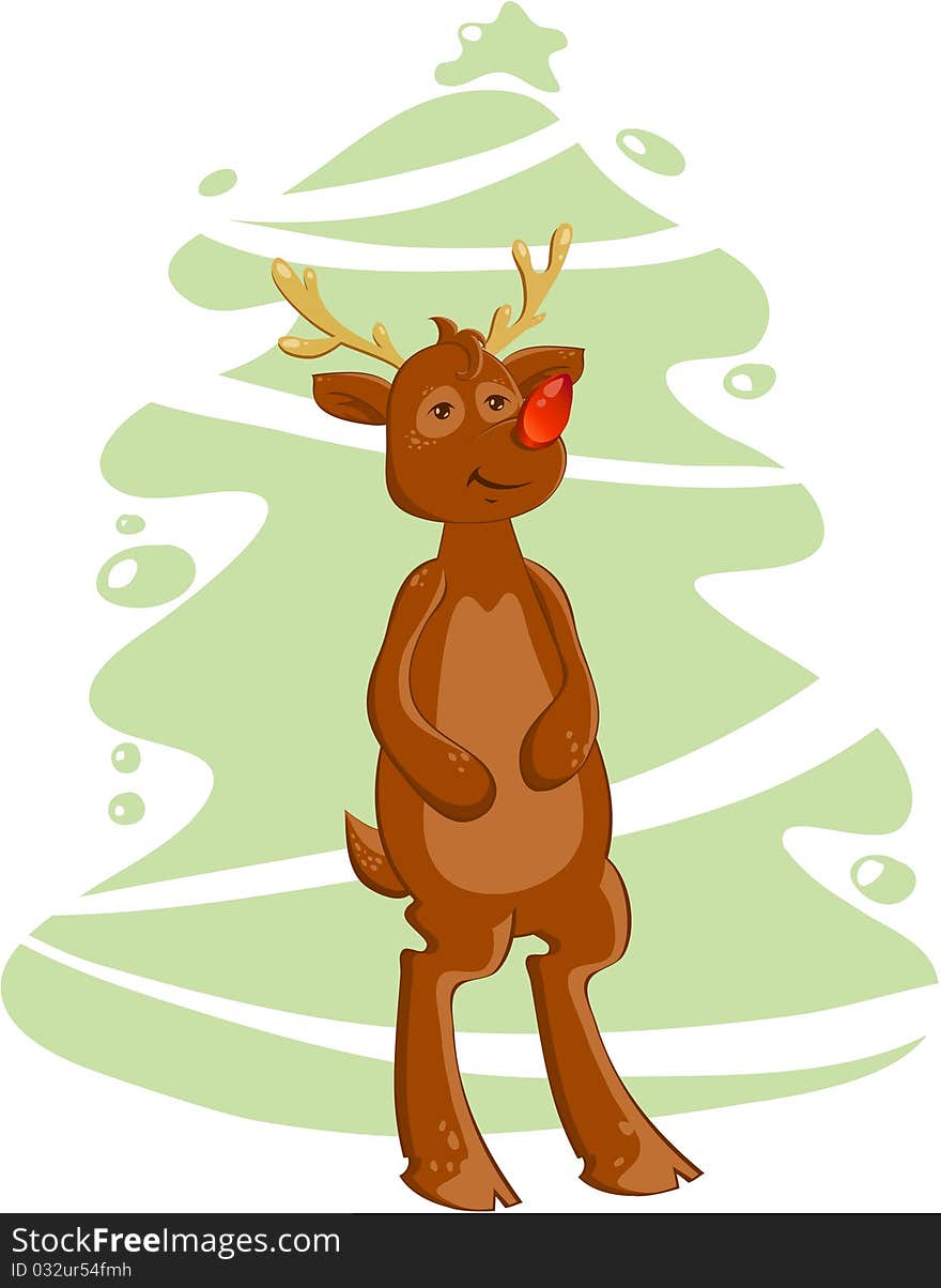 Cartoon christmas deer on Xmas tree background (Vector illustration). Cartoon christmas deer on Xmas tree background (Vector illustration)