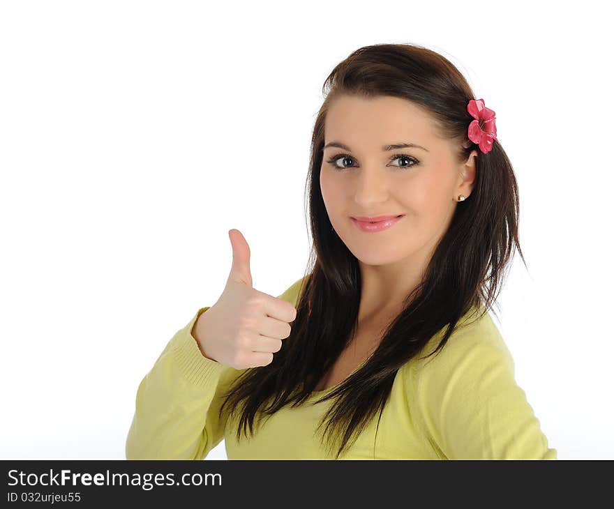 Beautiful casual positive woman smiling and showing good hand gesture. isolated on white background