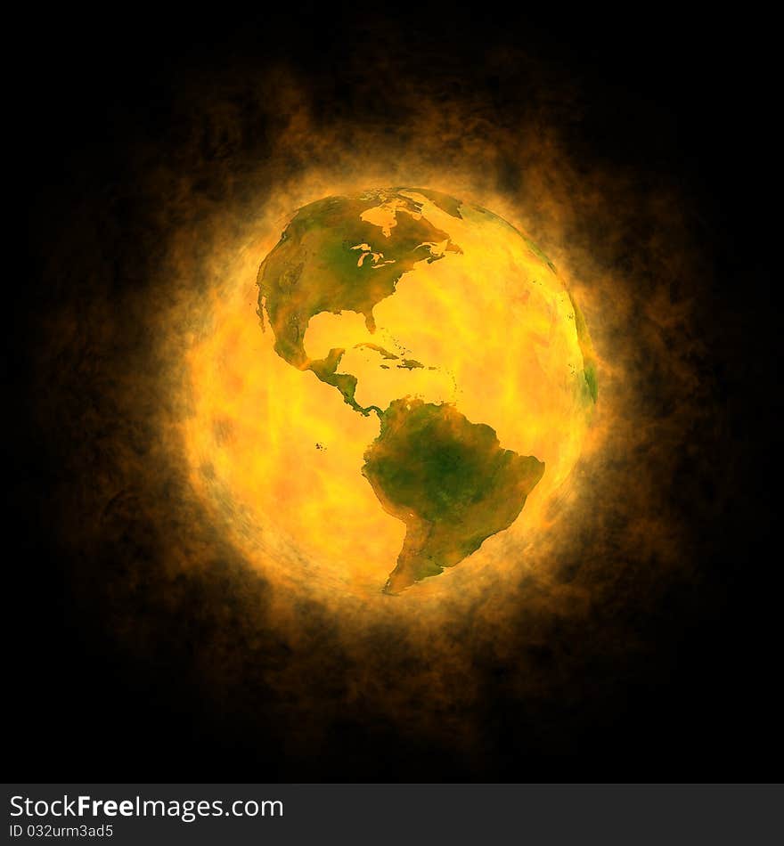 Computer generated 3D illustration of glowing planet Earth on black background. Theme of global, warming, weather, catastrophe, spirituality, creation of the world, transformation of the world. You can see America. Computer generated 3D illustration of glowing planet Earth on black background. Theme of global, warming, weather, catastrophe, spirituality, creation of the world, transformation of the world. You can see America.