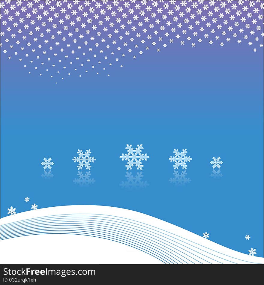 Snowflakes on blue background, white curves  (Vector illustration)