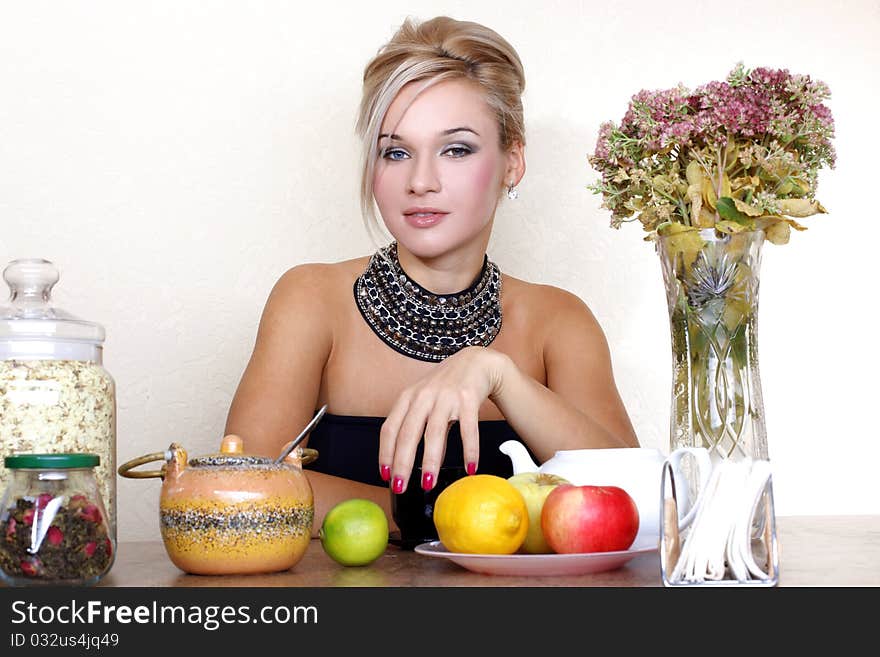 Woman With Cup, Jasmin Petals, Lemon, Apple, Tea