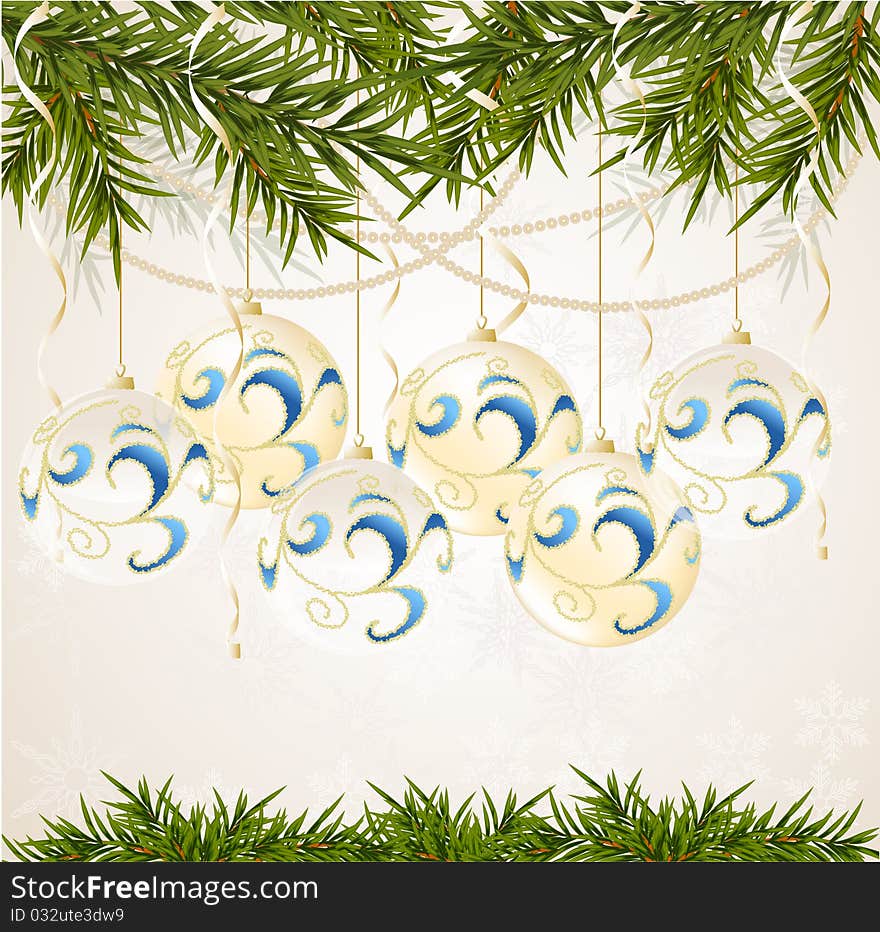 Blue, white end transparent Christmas ball on new year tree, vector illustration