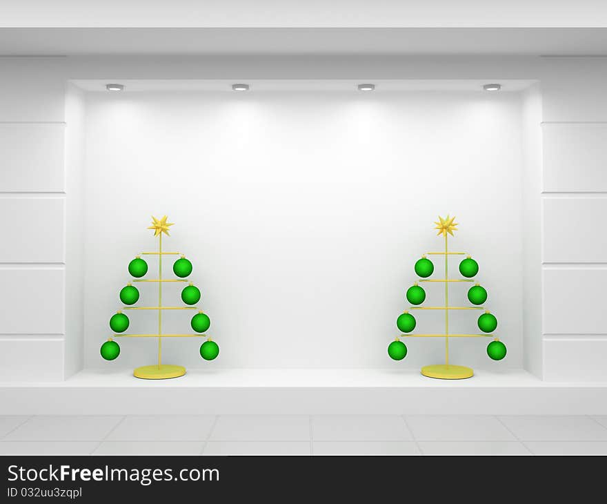 Showcase of a shop with a Christmas tree