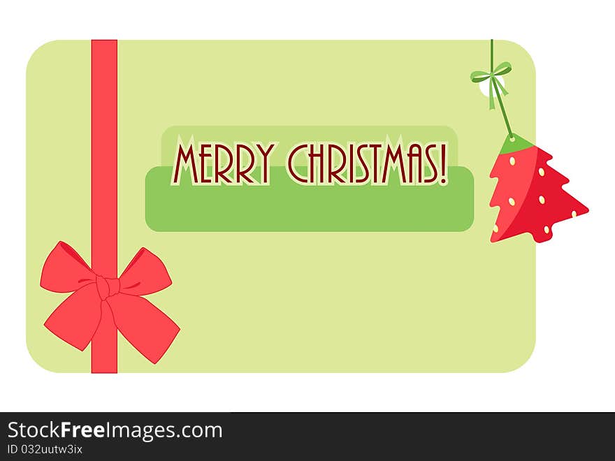 Christmas card. Green background with red Christmas tree and bow