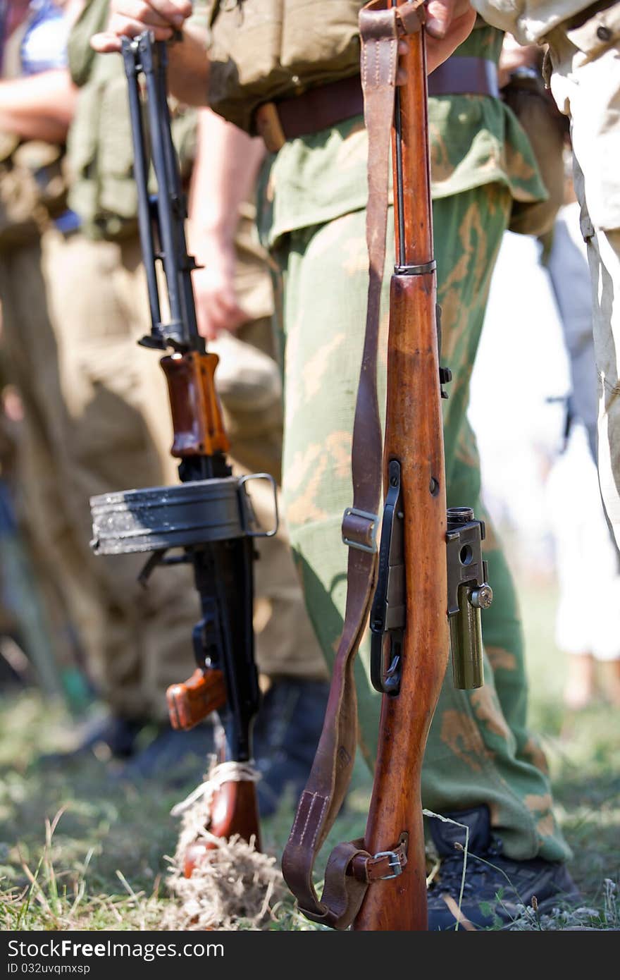 Soviet-style weaponry. The background is blurred. Soviet-style weaponry. The background is blurred.