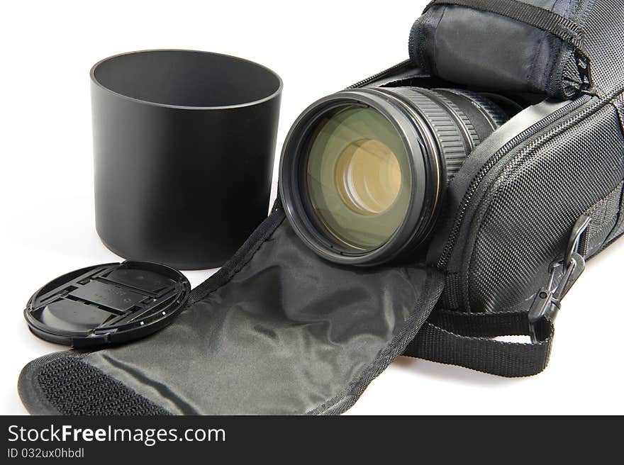 Zoom lens in its case and on a white background