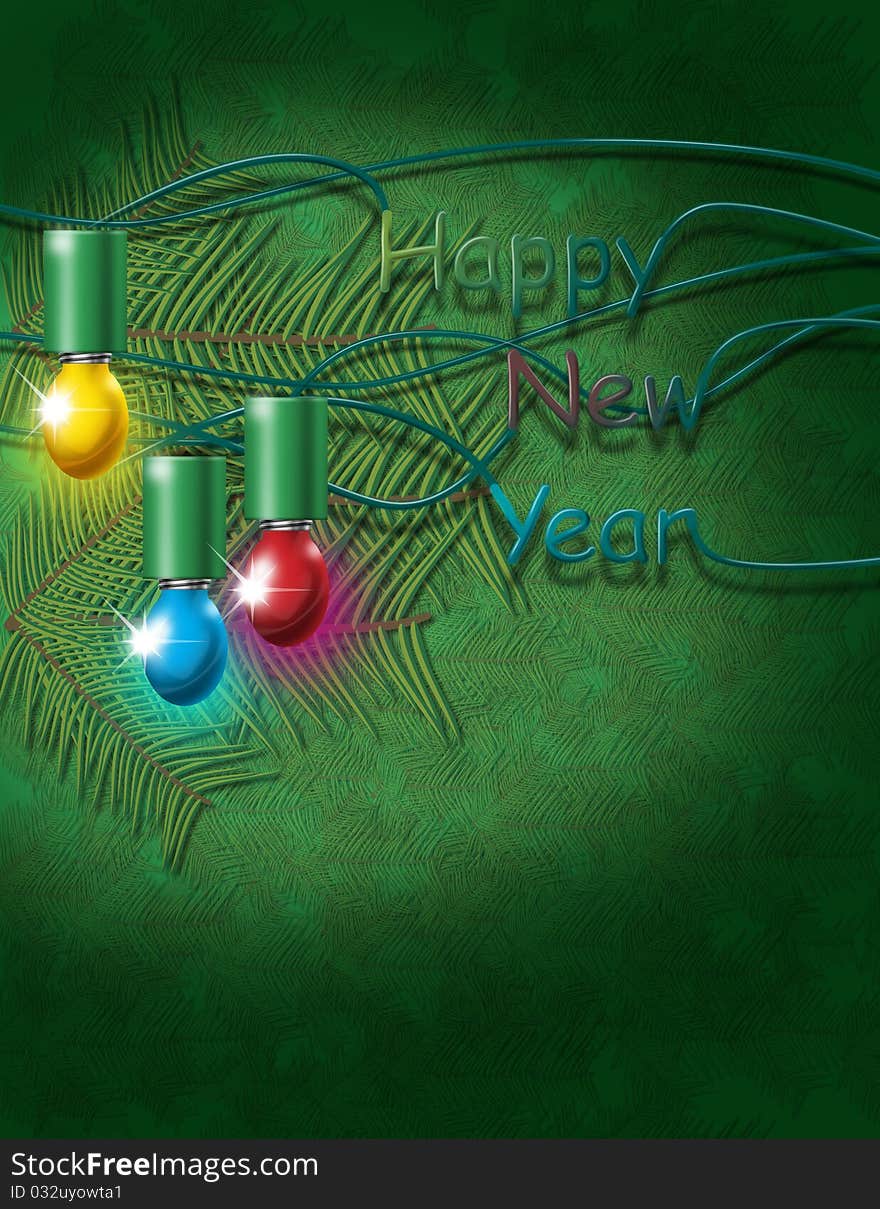 New year green background with electric bulbs and pine threes; abstract art illustration