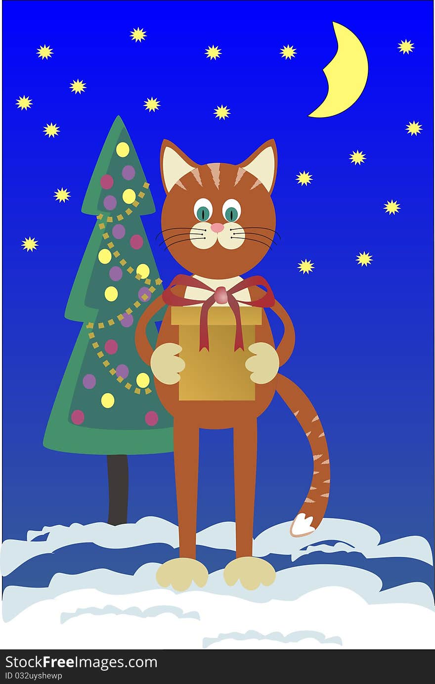 Orange cat with a gift about a Christmas tree against the star sky