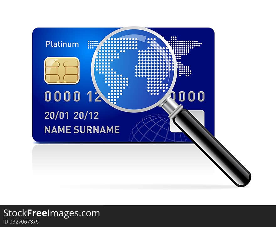 Vector credit card with magnifying glass on white