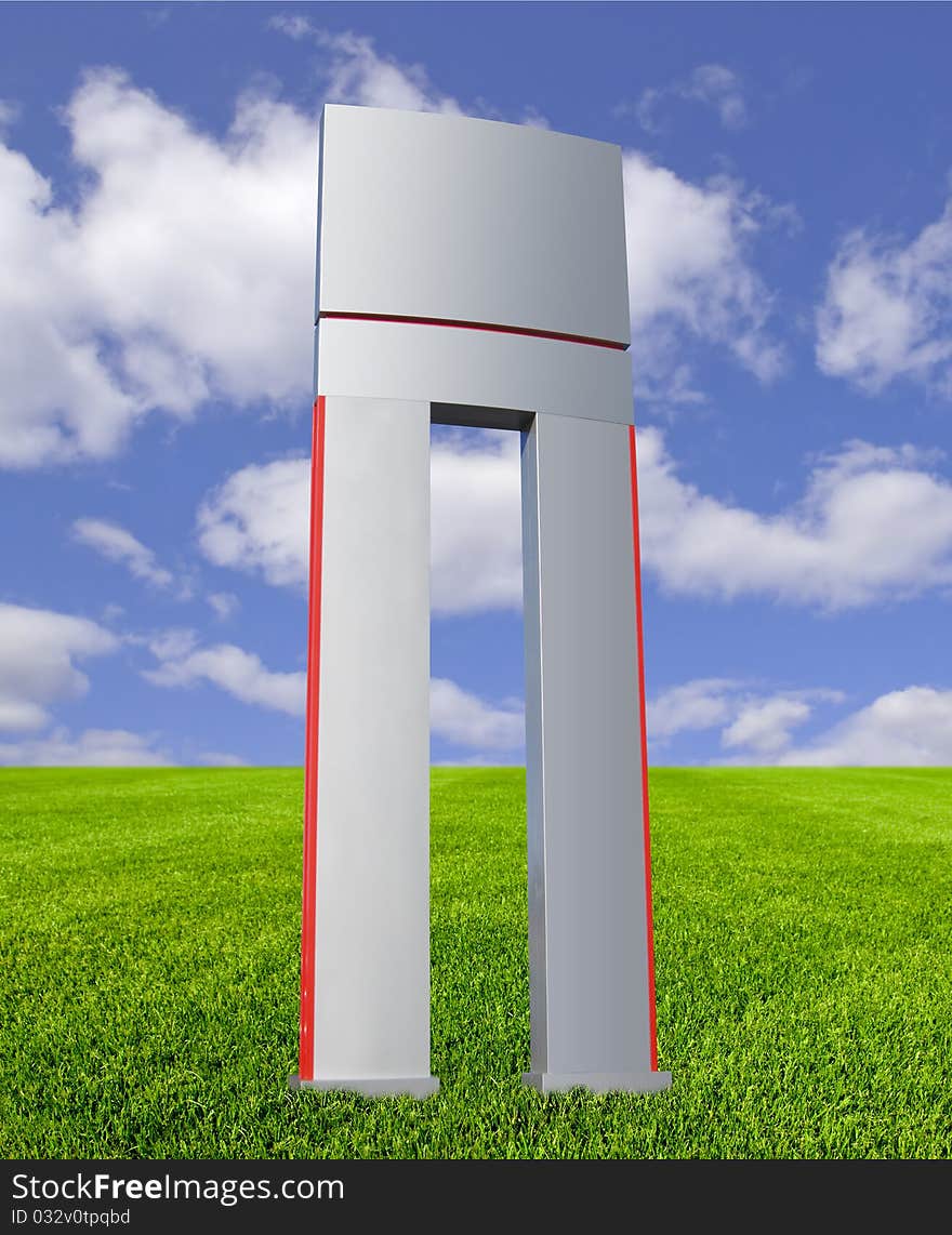 Blank signpost in brushed aluminum on lawn with blue sky and clouds, isolated with clipping path. Blank signpost in brushed aluminum on lawn with blue sky and clouds, isolated with clipping path