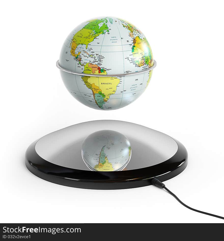 Globe with a magnetic stand, hovering in the air. Globe with a magnetic stand, hovering in the air