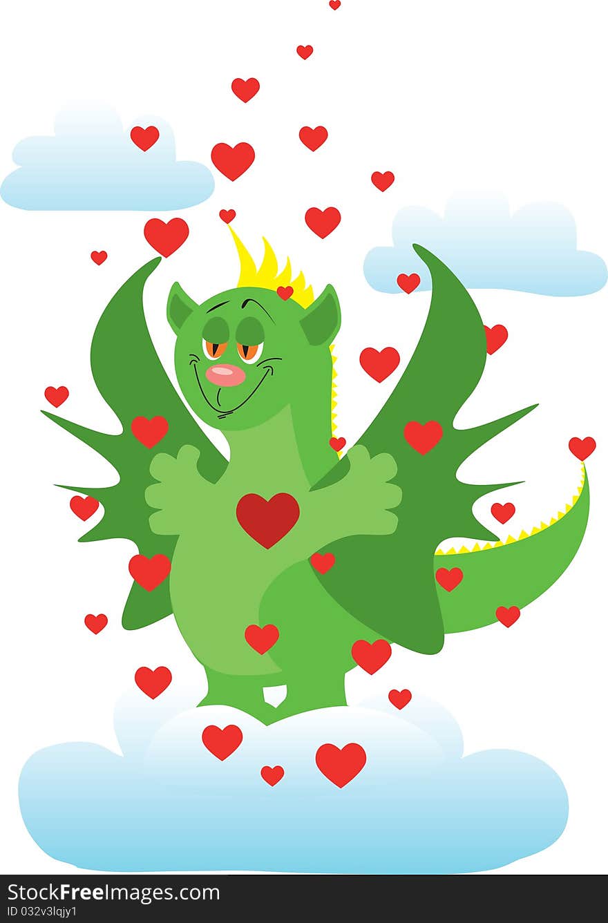 An in love dragon steams in clouds in surroundings hearts