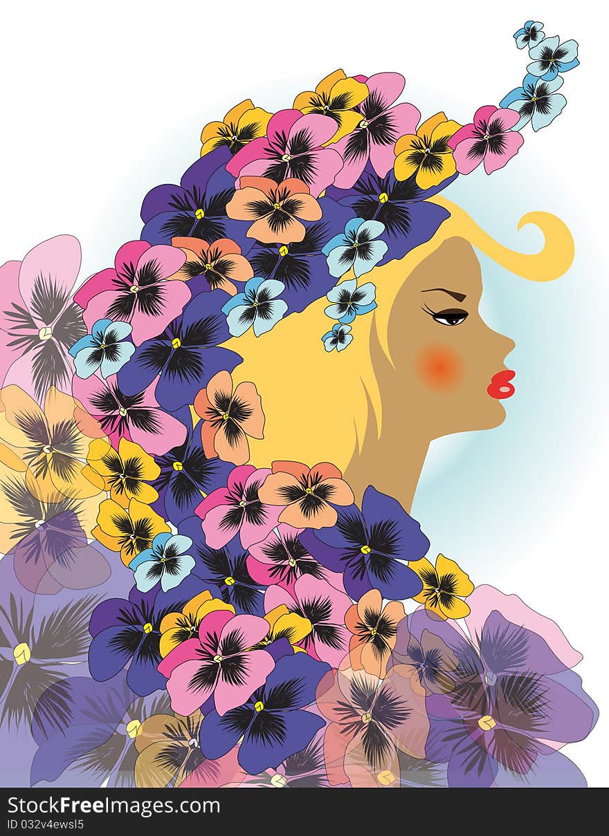 Portrait of beautiful young woman with blond hair surrounded by flowers. Portrait of beautiful young woman with blond hair surrounded by flowers