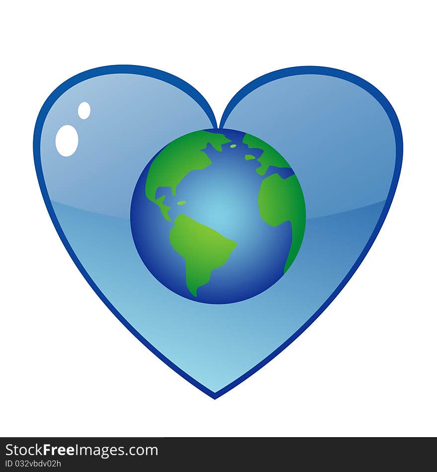 Vector illustration of cartoon Earth in glossy blue heart. Vector illustration of cartoon Earth in glossy blue heart