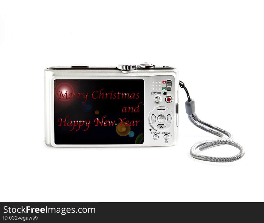 A digital camera with good wishes written on white background. A digital camera with good wishes written on white background