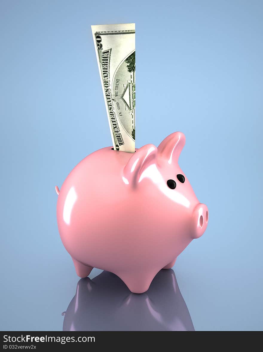 Pink piggy bank and dollar in it - 3d render. Pink piggy bank and dollar in it - 3d render