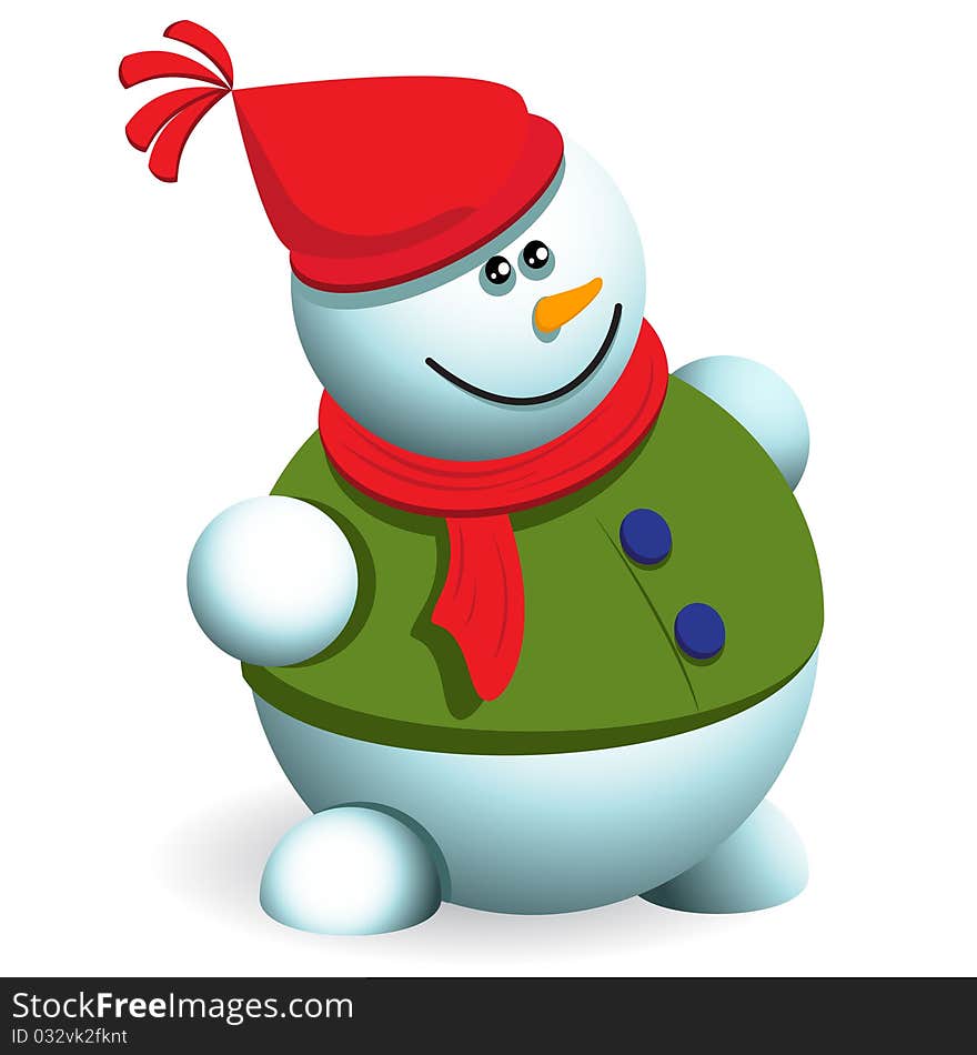 Illustration, new year's snowman in hat on white background