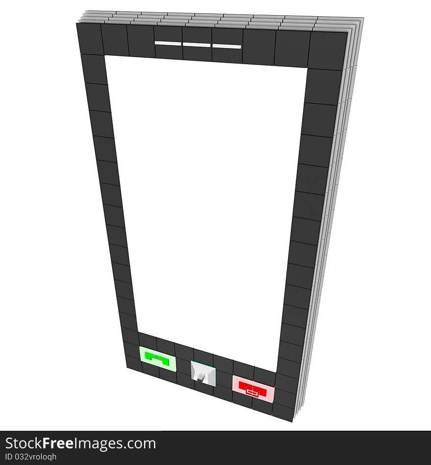 Modern mobile phone is made up of a set of square plates on a blue background. 3d computer modeling