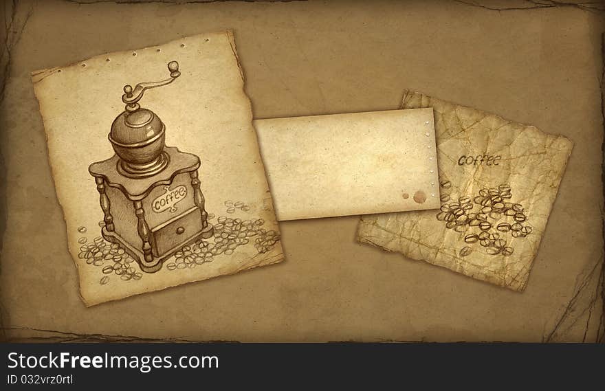 Background with sketch of coffee grinder. Background with sketch of coffee grinder