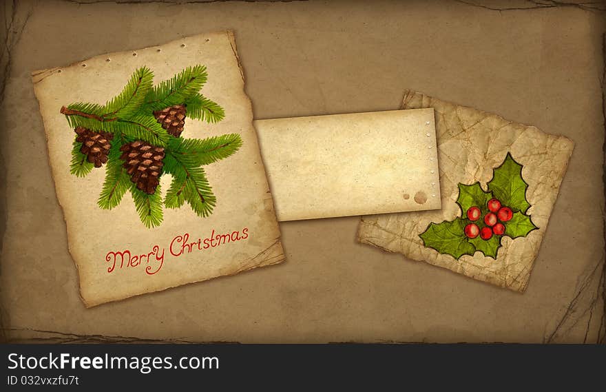 Christmas greeting card with illustration of cone on branch and holly berry