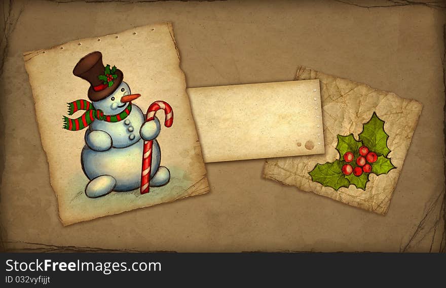 Christmas greeting card with drawing of snowman and holly berry