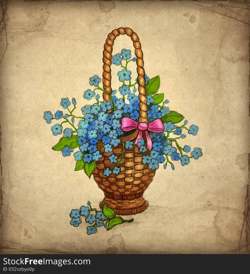 Old greeting card with basket of flowers