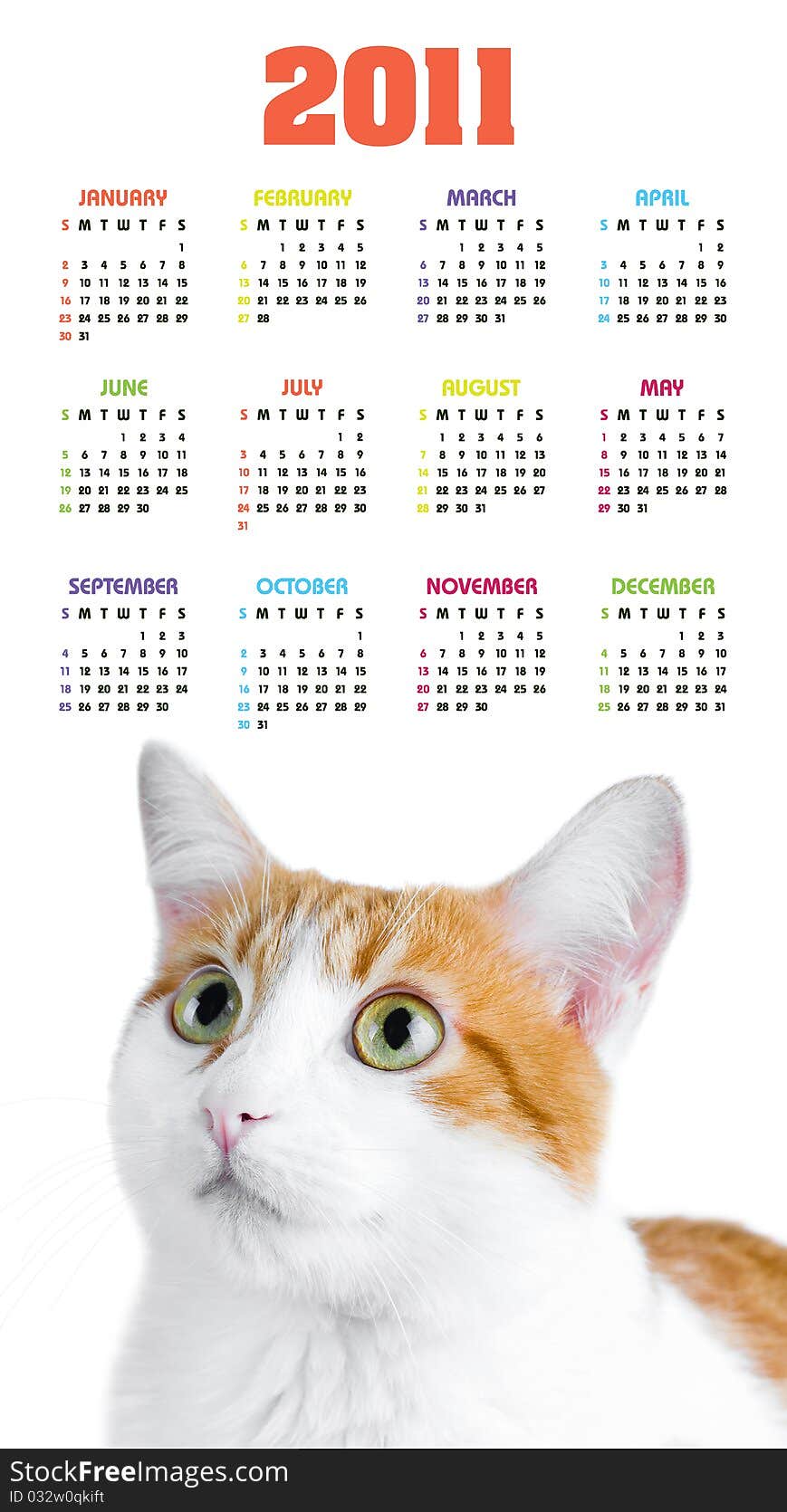 Vertical color calendar for 2011 year with cute red and white cat