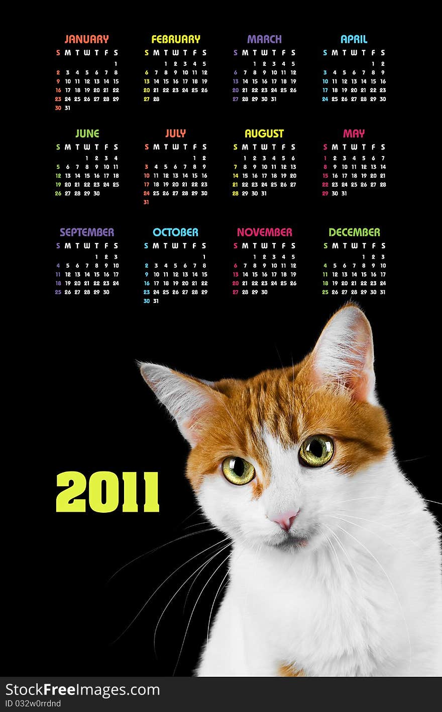 Vertical color calendar for 2011 year with cute red and white cat