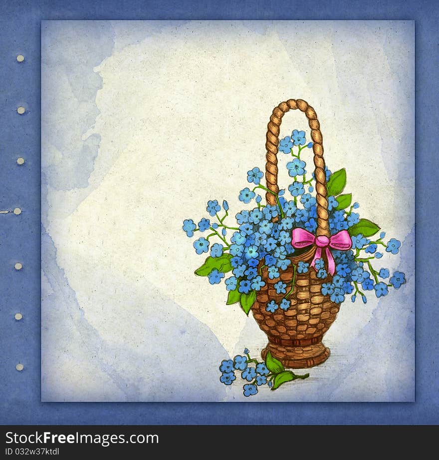 Old greeting card with basket of flowers