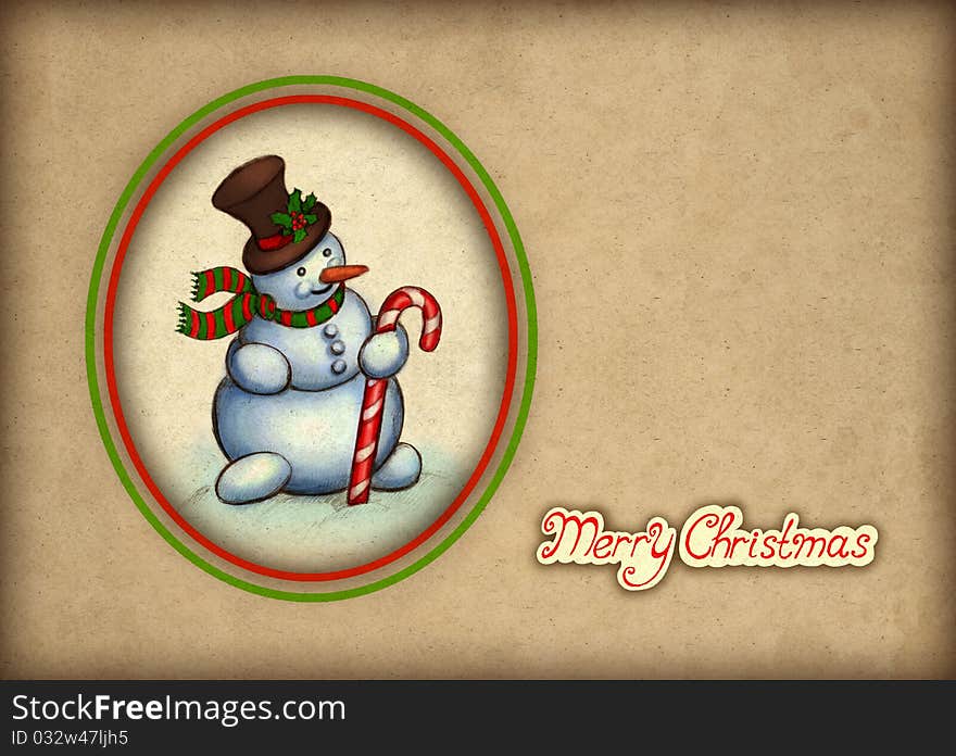 Christmas greeting card with illustration of snowman