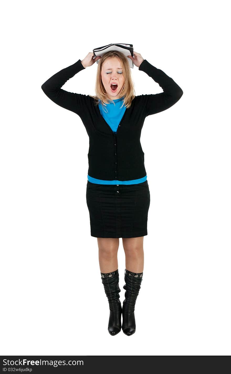 Yawn tired businesswoman has put a folder with documents on a head, isolated on white