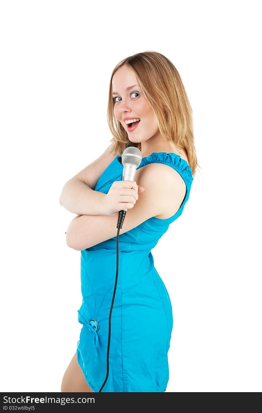 Beautiful singer girl singing - isolated on white