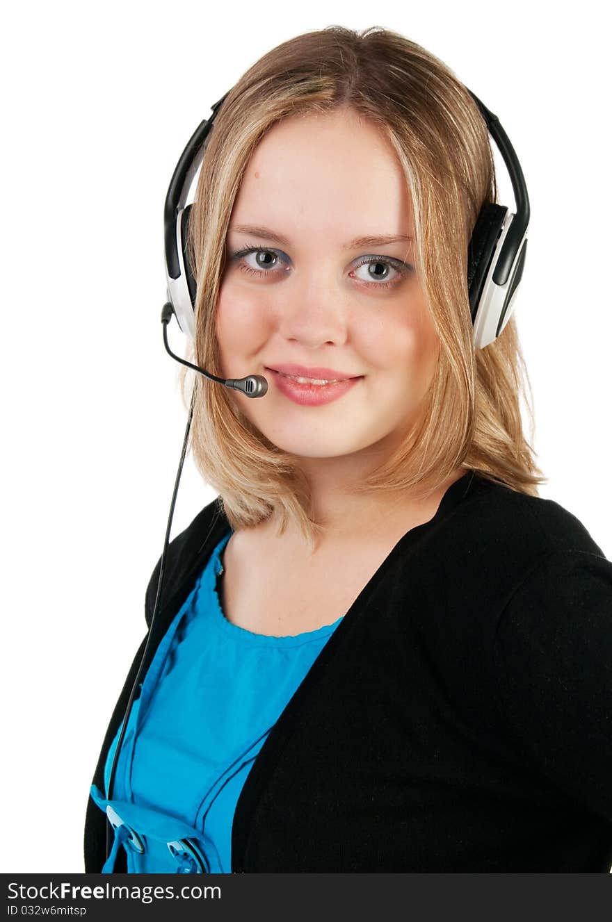 Beautiful young smiling cheerful woman with headphones with microphone looking in camera. Isolated on white. Beautiful young smiling cheerful woman with headphones with microphone looking in camera. Isolated on white.