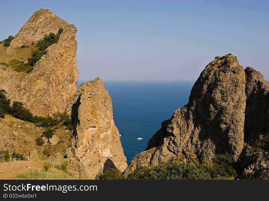 View from Kara-Dag mountains to the Black Sea, Crimean peninsula.