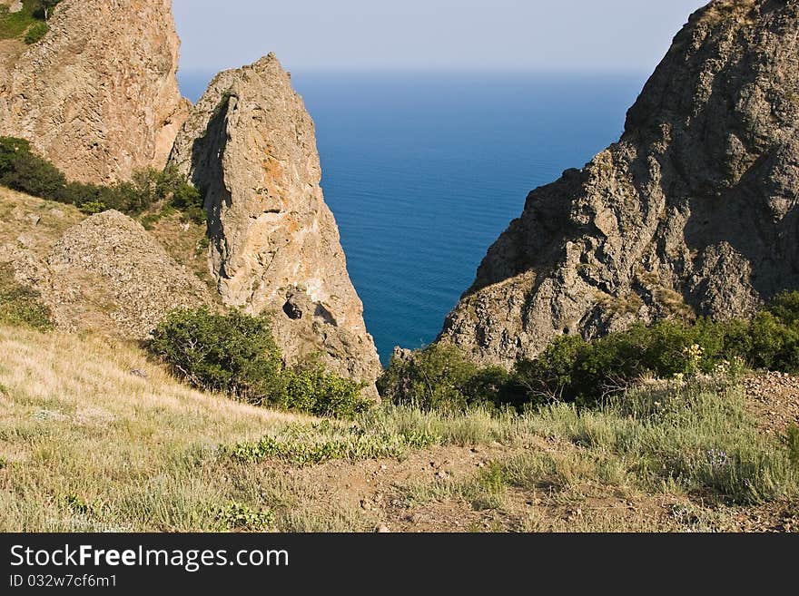 View from Kara-Dag mountains to the Black Sea, Crimean peninsula.