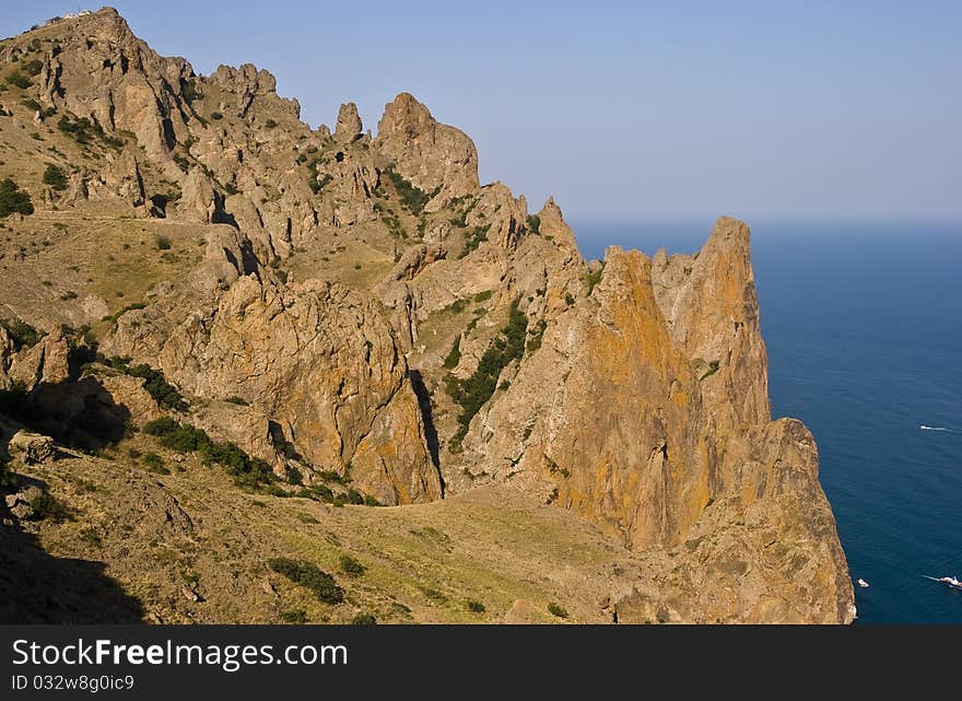 View from Kara-Dag mountains to the Black Sea, Crimean peninsula.