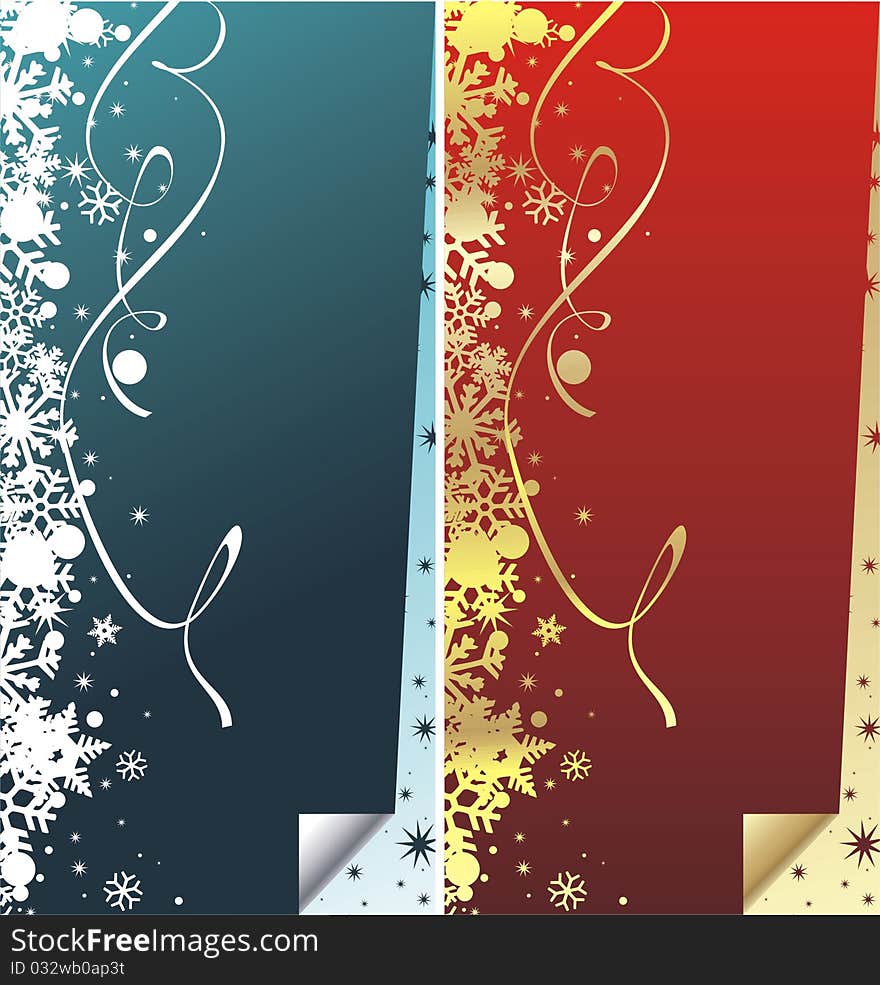 Two beautiful christmas backgrounds for greeting card with snowflakes, circles, stars and curly crews on the dark blue and gradient red backdrops. Two beautiful christmas backgrounds for greeting card with snowflakes, circles, stars and curly crews on the dark blue and gradient red backdrops.